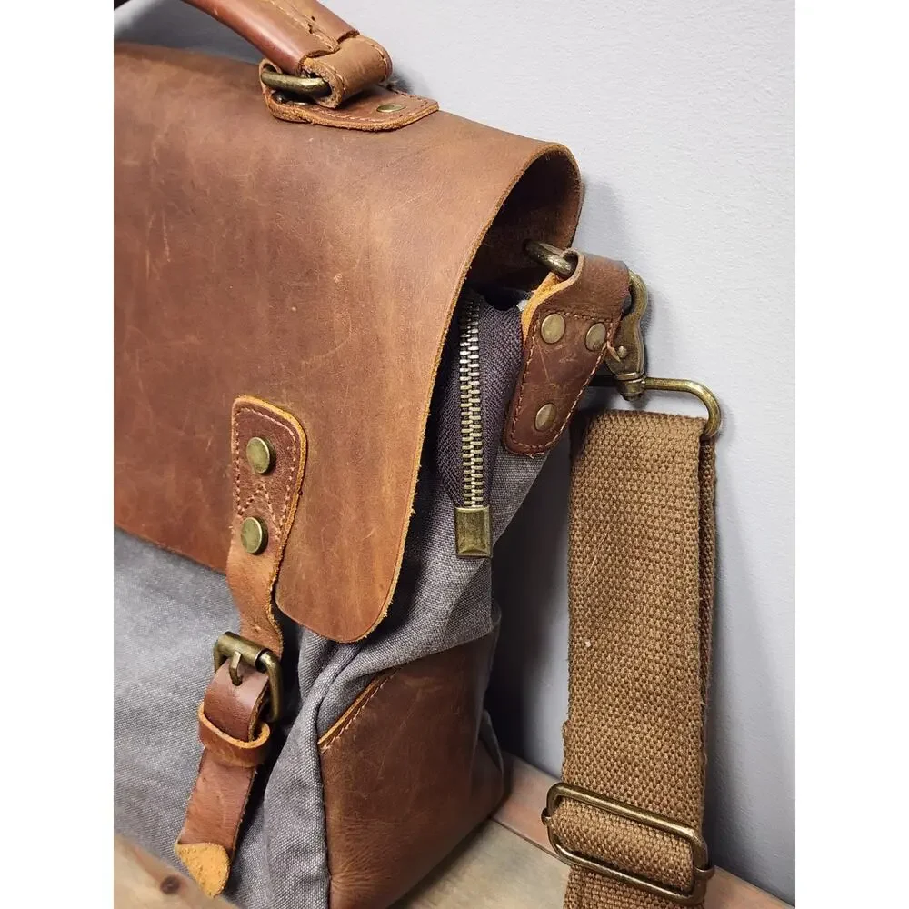 Wowbox Brown Gray Leather Detachable Strap Buckle Messenger Bag